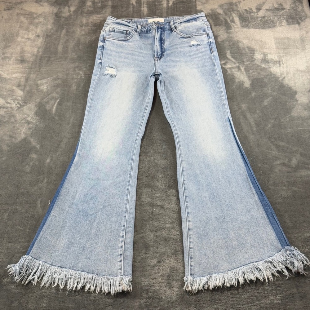 Risen Jeans RDP5874 Light Wash Two Tone Frayed Hem Flare Jeans Size 11/30